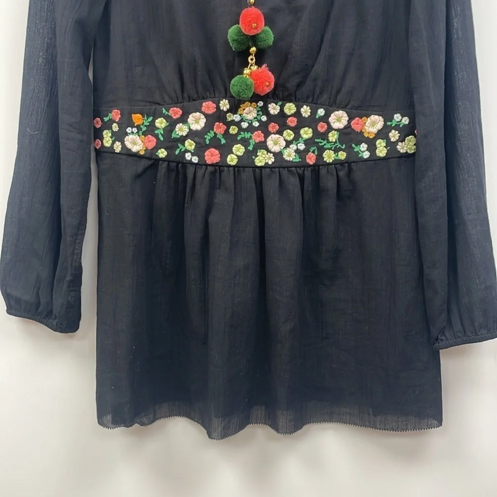 Tory Burch Fleur Embroidered Floral Woven Peasant Tunic Blouse Boho Black 8